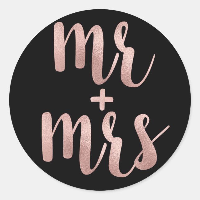 Rose Gold & Black Aufkleber, Mr & Mrs., Folie Schr Runder Aufkleber (Vorderseite)