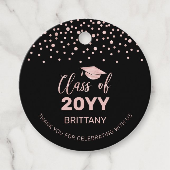 Rose Gold Black Confetti Graduation Party Foto Geschenkanhänger (Vorderseite)