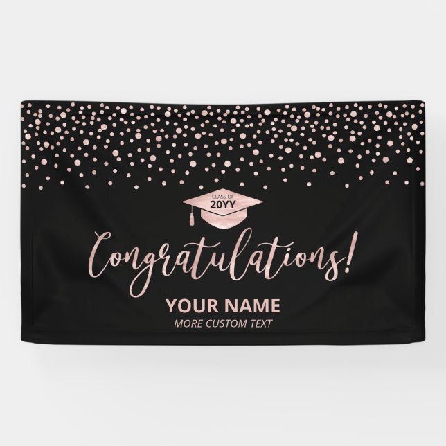 Rose Gold Black Confetti Gratulation Abschluss Banner (Horizontal)