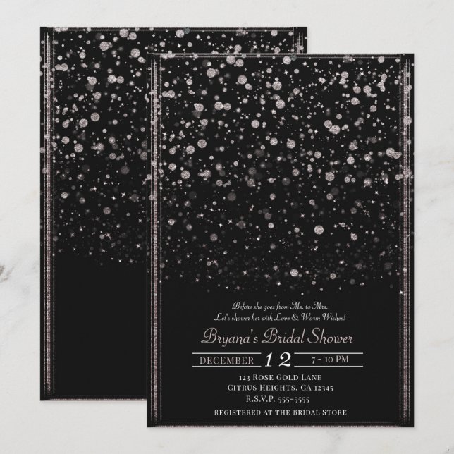 Rose Gold & Black Confetti Spritzer Brautparty Einladung (Vorne/Hinten)