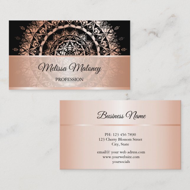 Rose Gold Black Floral Damask Mandala Visitenkarte (Vorne/Hinten)