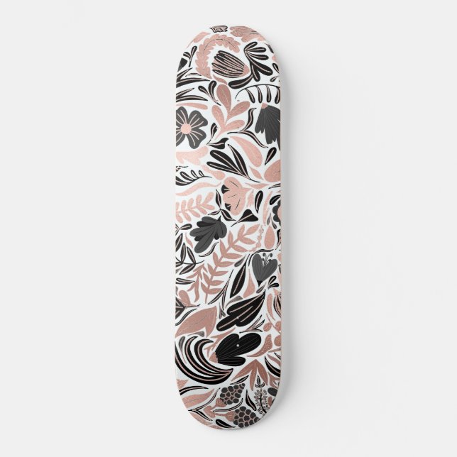 Rose Gold Black Floral Leaf Illustration Pattern Skateboard (Vorderseite)