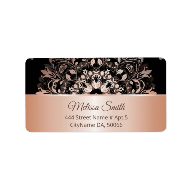 Rose Gold Black Floral Mandala Adressaufkleber (Vorne)