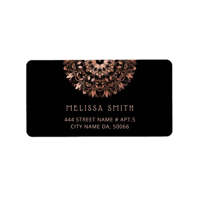 Rose Gold Black Floral Mandala Adressaufkleber (Vorne)