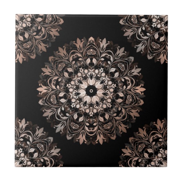 Rose Gold Black Floral Mandala Fliese (Vorderseite)