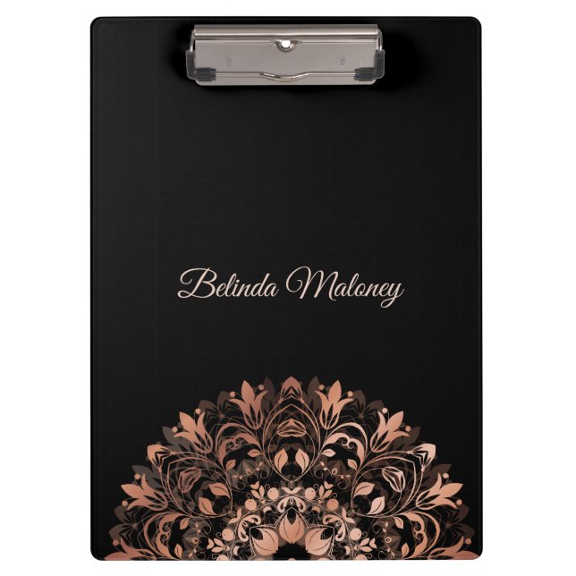 Rose Gold Black Floral Mandala Klemmbrett (Vorderseite)