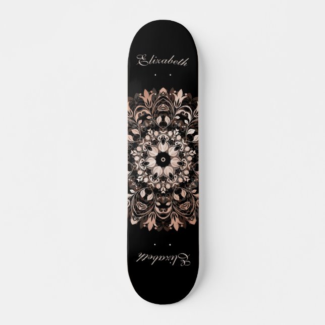 Rose Gold Black Floral Mandala Monogram Skateboard (Vorne)