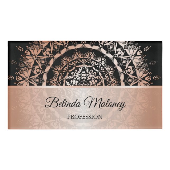 Rose Gold Black Floral Mandala Namenschild (Vorderseite)