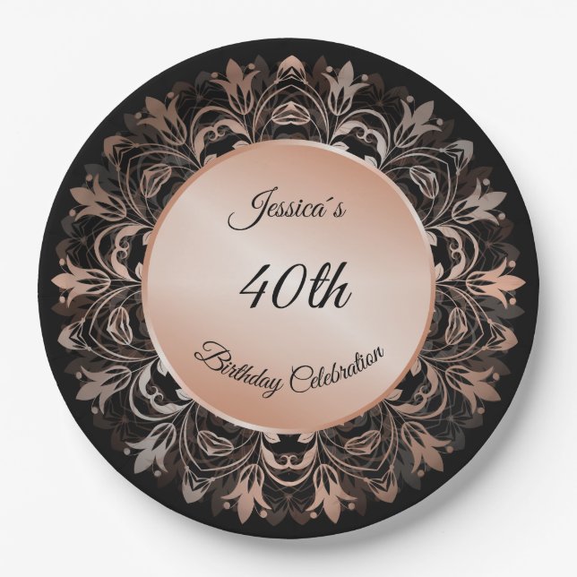 Rose Gold Black Floral Mandala Pappteller (Vorderseite)