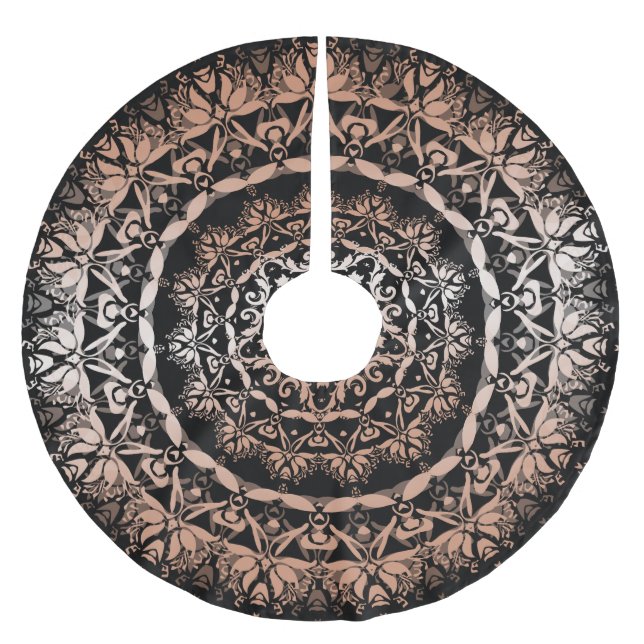 Rose Gold Black Floral Mandala Polyester Weihnachtsbaumdecke (Vorderseite)