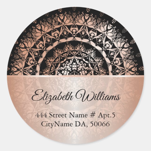 Rose Gold Black Floral Mandala Runder Aufkleber (Vorderseite)