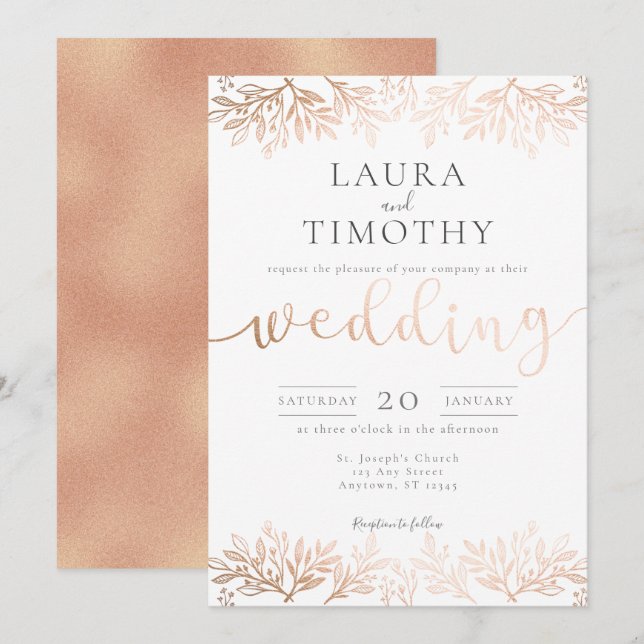 Rose Gold Black Floral Rustic Typografie Hochzeit Einladung (Vorne/Hinten)