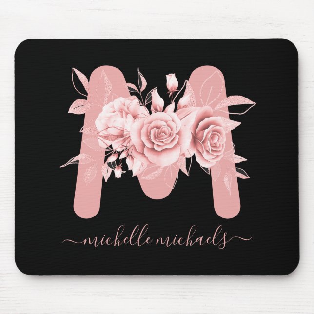 Rose Gold Black Floral Water Monogram Mousepad (Vorne)