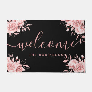 Rose Gold Black Floral Willkommen Familienname Doo Fußmatte