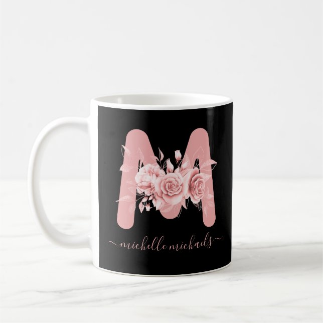 Rose Gold Black Floral Wind Monogramm Kaffeetasse (Links)