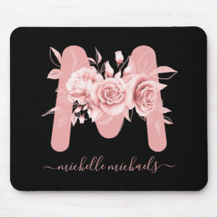 Rose Gold Black Floral Wind Monogramm Mousepad