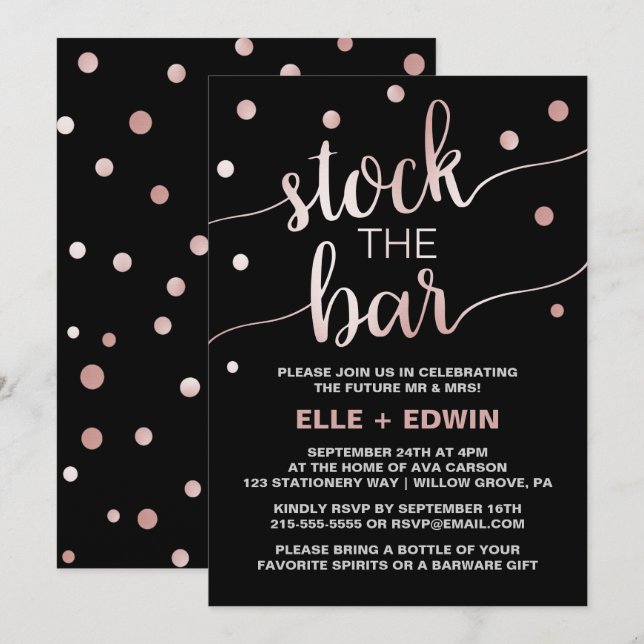 Rose Gold & Black Glam Confetti Bar Einladung (Vorne/Hinten)