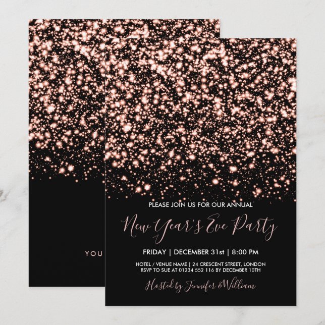 Rose Gold & Black Glam Silvester Party Einladung (Vorne/Hinten)