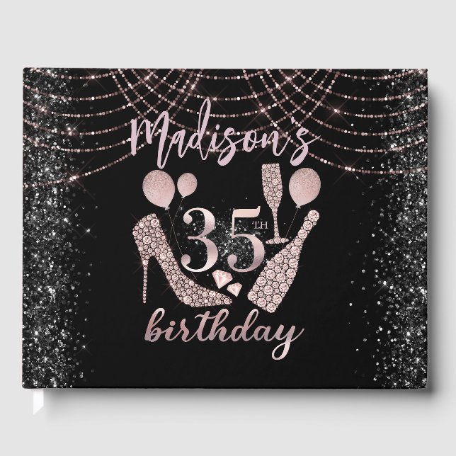 Rose Gold & Black Glitzer 35. Geburtstag Gästebuch (Vorderseite)