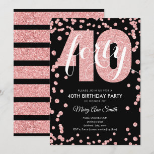 Rose Gold Black Glitzer 40. Geburtstag Party Einladung