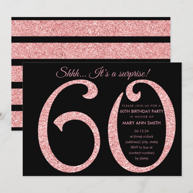 Rose Gold Black Glitzer Überraschung 60. Geburtsta Einladung (Vorne/Hinten)