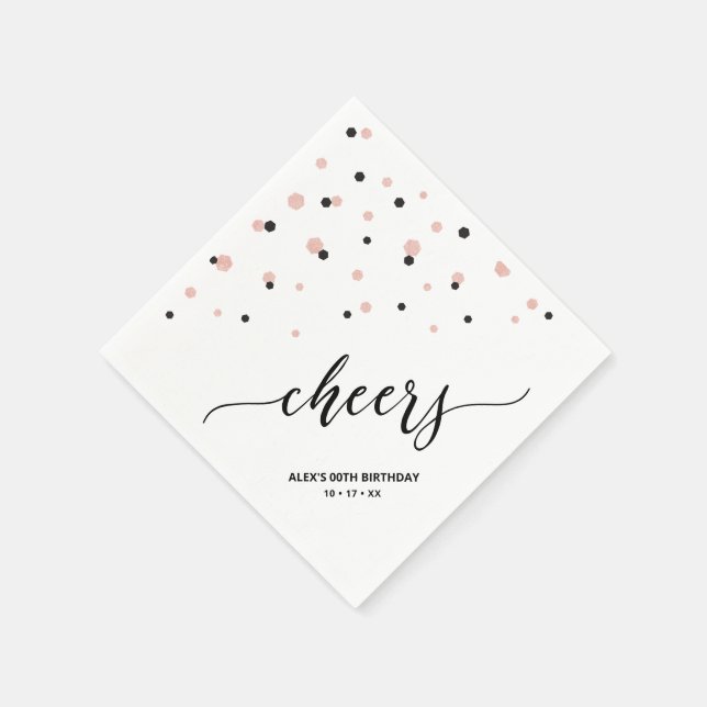 Rose gold & Black Hexagon Confetti Cheers Geburtst Serviette (Ecke)