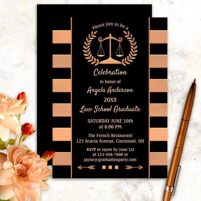 Rose Gold Black Law School Graduation Invitation (Créateur téléchargé)