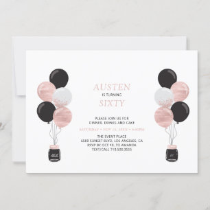 Rose Gold & Black Luftballon Moderne 60 Geburtstag Einladung