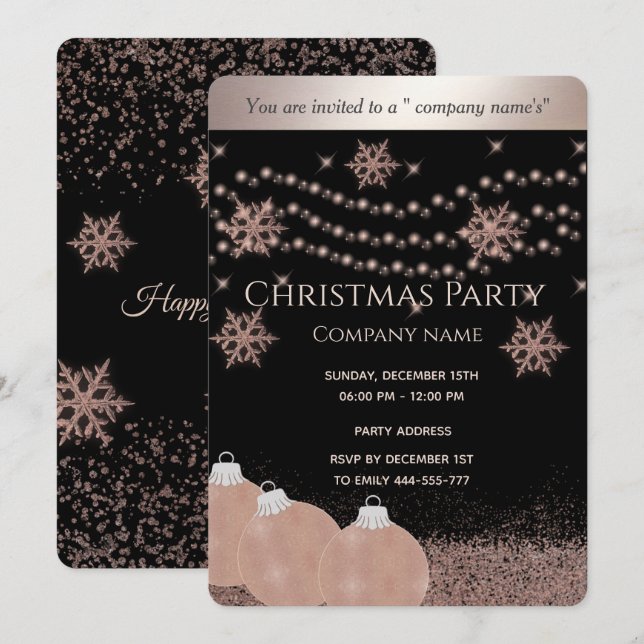 Rose Gold / Black Luxus Firmenweihnachtsfest Party Einladung (Vorne/Hinten)