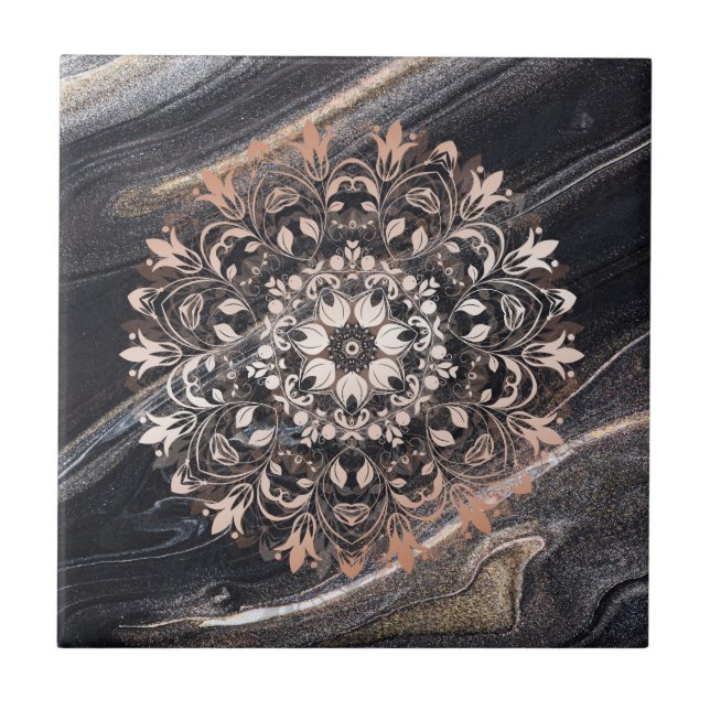 Rose Gold Black Marble Floral Mandala  Fliese (Vorderseite)