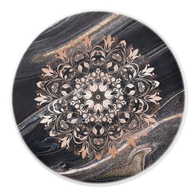 Rose Gold Black Marble Floral Mandala  Keramikknauf (Vorderseite)
