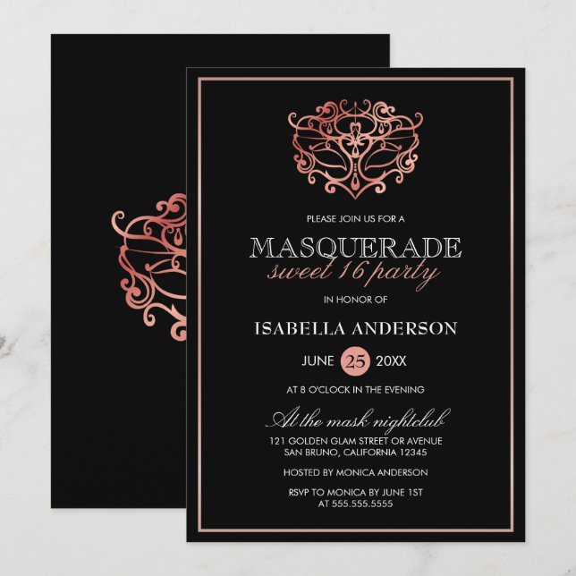 Rose Gold & Black Masquerade Sweet 16 Typografie Einladung (Vorne/Hinten)