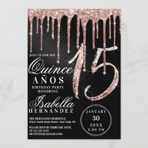 Rose Gold Black Metallic Glitzer Tropfen Quinceañe Einladung