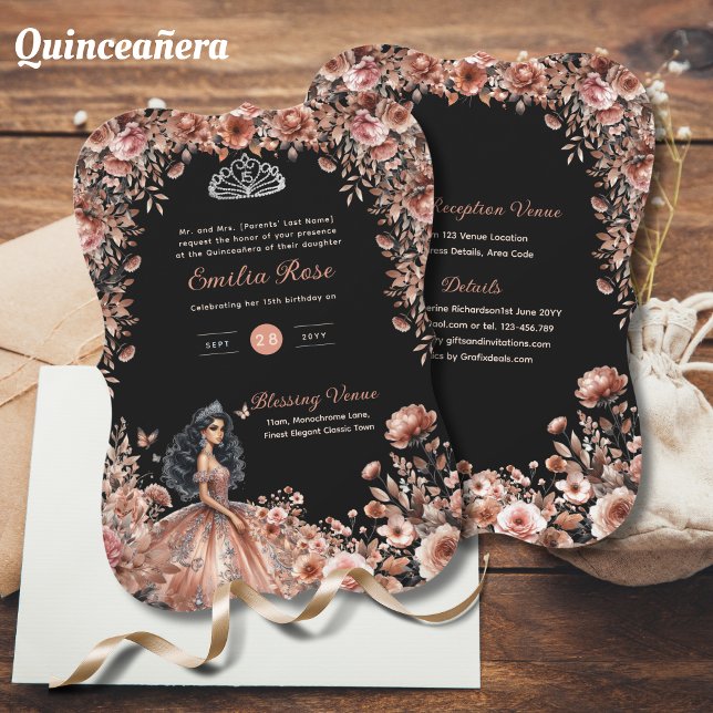 Rose Gold Black Quinceanera Dress Floral Rose Einladung (Von Creator hochgeladen)