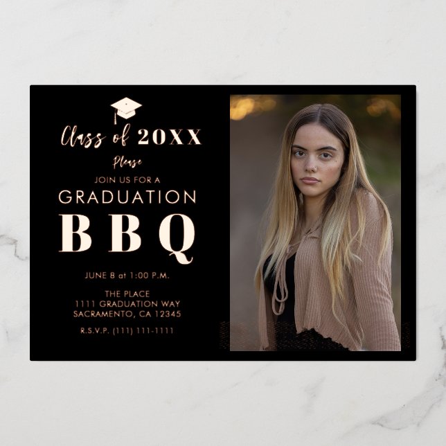 Rose Gold & Black Real Foil Graduation Party GRILL Folieneinladung (Vorderseite)