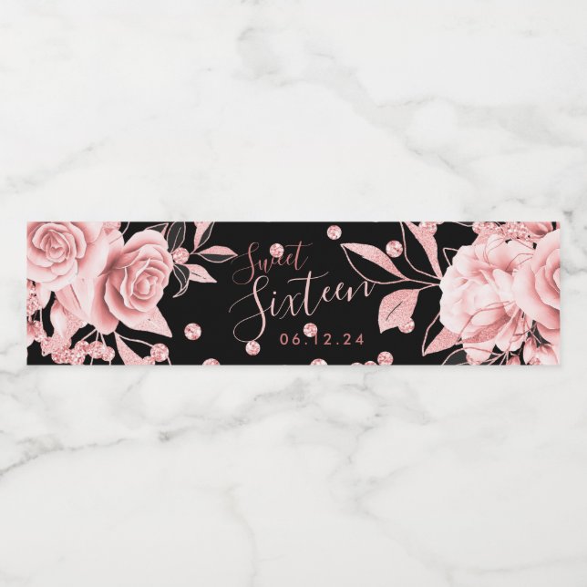 Rose Gold Black Sweet 16 Glitzer Confetti Floral (Einzelnes Label)