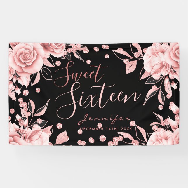 Rose Gold Black Sweet 16 Glitzer Confetti Floral Banner (Horizontal)