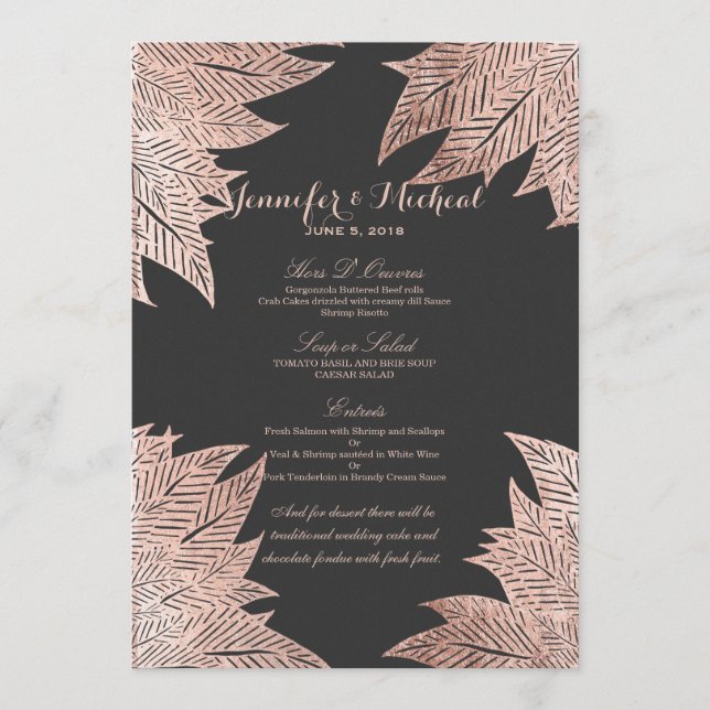 Rose Gold Blätter auf Black Wedding Menu Menükarte (Vorderseite)