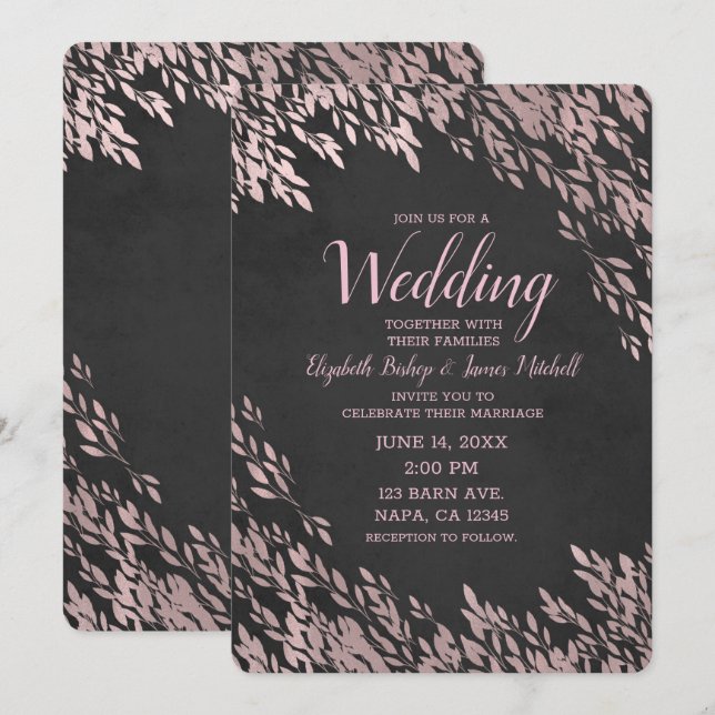 Rose Gold Blätter Black Chalk Chic Rustikale Hochz Einladung (Vorne/Hinten)