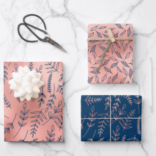 Rose Gold Blauer botanischer Jeden Anlaß Geschenkpapier Set