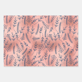 Rose Gold Blauer botanischer Jeder Anlass Geschenkpapier Set