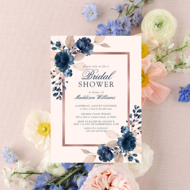 Rose Gold Blue Dusty Pink Floral Brautparty Einladung (Von Creator hochgeladen)