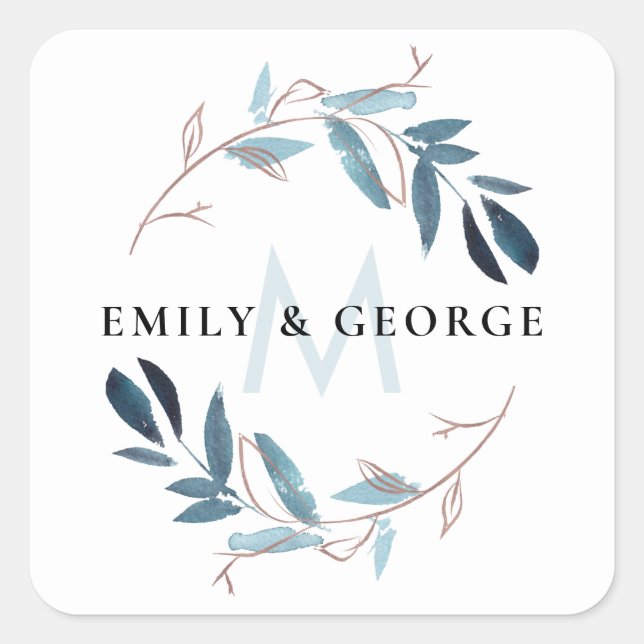 ROSE GOLD BLUE FOLIAGE MONOGRAM WREATH WEDH QUADRATISCHER AUFKLEBER (Vorderseite)
