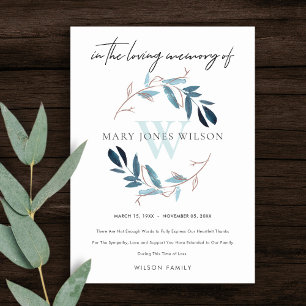 ROSE GOLD BLUE FOLIAGE WREATH BEILEID MEMORIAL DANKESKARTE