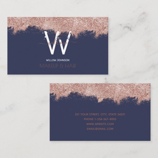 Rose Gold Blue Glitzer Makeup Artist Friseur Salon Visitenkarte (Vorne/Hinten)