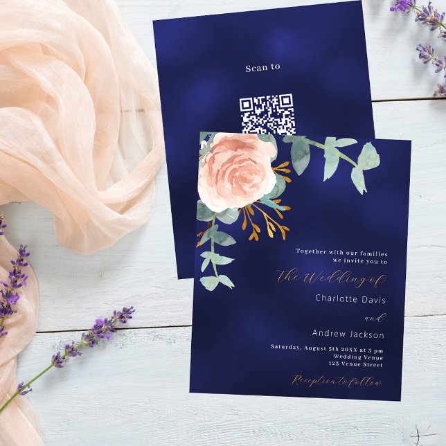 Rose Gold Blue QR UAWG Budget Einladung Hochzeit (Von Creator hochgeladen)