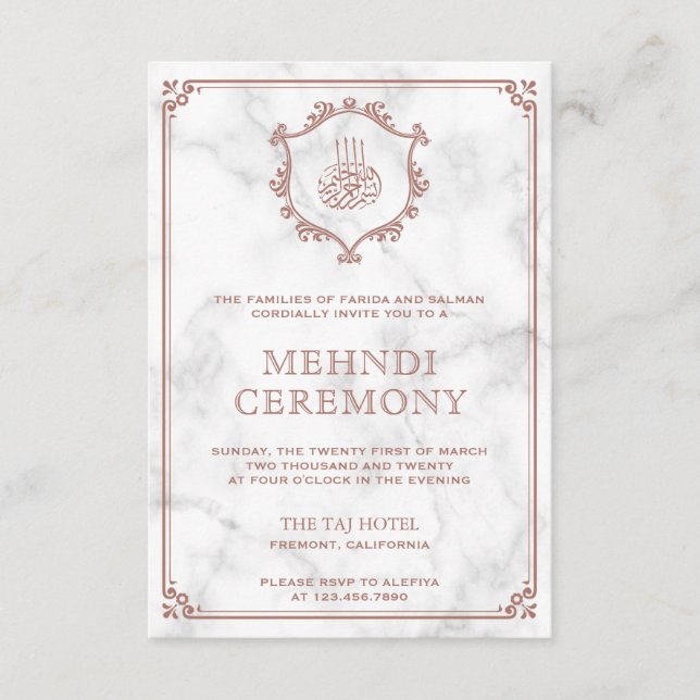 Rose Gold Blühte White Marble Islamic Mehndi Begleitkarte (Vorderseite)