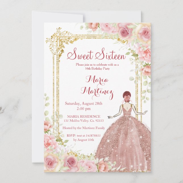 Rose Gold Blume Gold Glitzer Rosa Sweet 16 Einladung (Vorderseite)