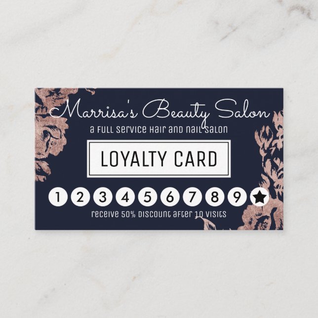 Rose Gold Blume Navy Blue Loyalty Discount Punch Treuekarte (Vorderseite)