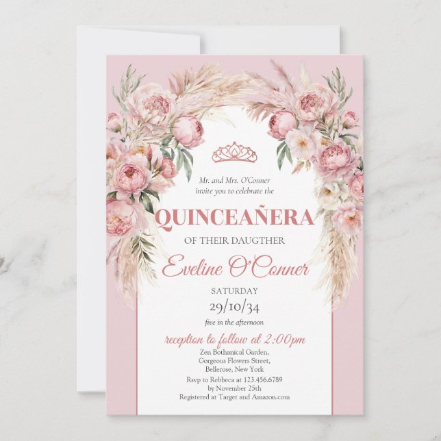 Rose Gold Blume Pampas Gras boho Quinceañera Einladung (Vorderseite)